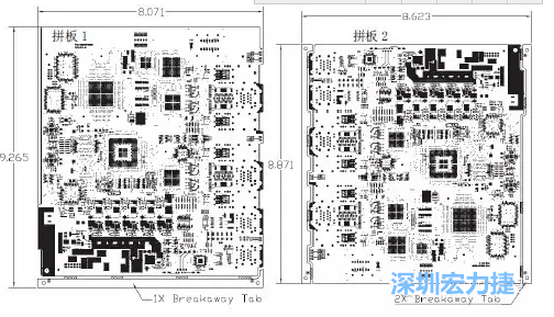 如圖7所示是使用不同數(shù)量邊條的拼板，拼板1僅使用了一個邊條，直接利用PCB另一邊作為SMT工藝傳送邊，并且PCB圖形中有合適的安裝孔；而拼板2則是按常規(guī)設(shè)計(jì)了兩個邊條。拼板方式為連接筋。圖中“Breakaway Tab”指邊條-深圳宏力捷