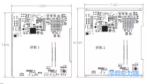 如圖11所示在兩種拼板中PCB單元的邊條位置不同，拼板1中邊條在長邊方向，而拼板2中邊條在短邊方向-深圳宏力捷